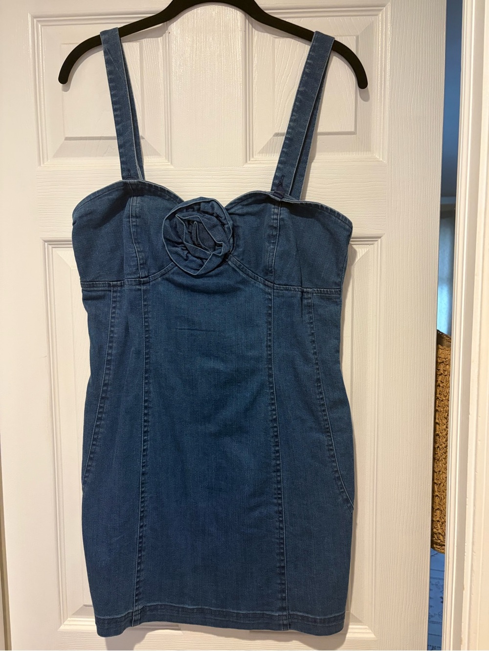 Anthropologie Blue Denim Strap Dress with Rosette Detail